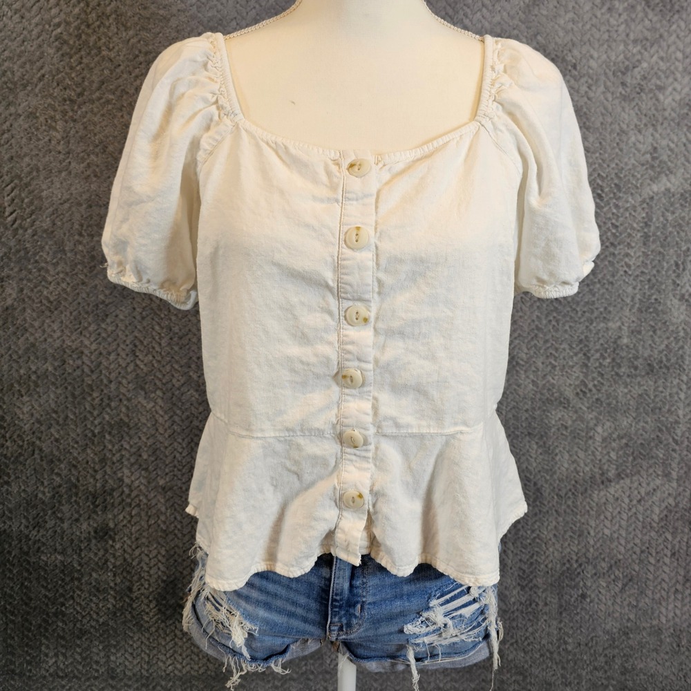 Romantic Cottagecore Women Off White Linen Blend Puff Sleeve Peplum Blouse Large